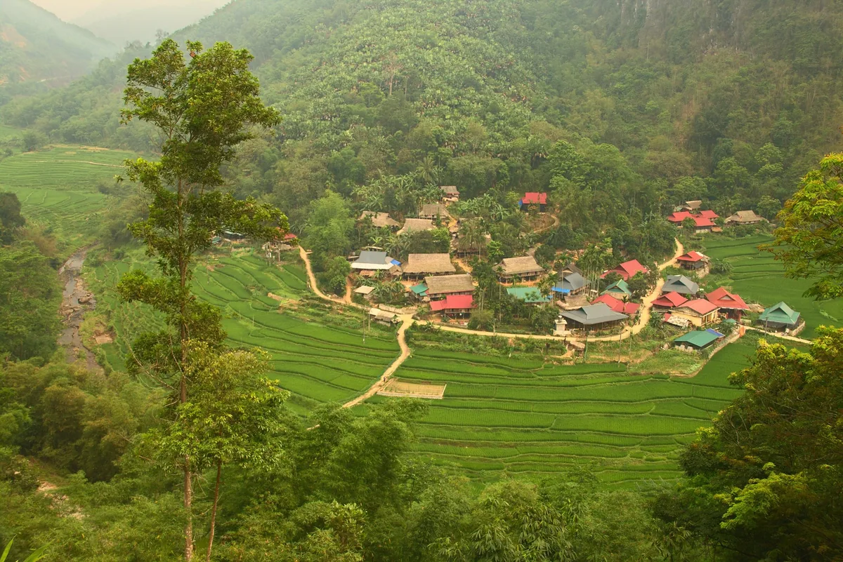 Nhìn từ trên cao một bản làng với mái nhà nhiều màu nằm giữa ruộng bậc thang xanh và núi rừng ở Pù Luông.