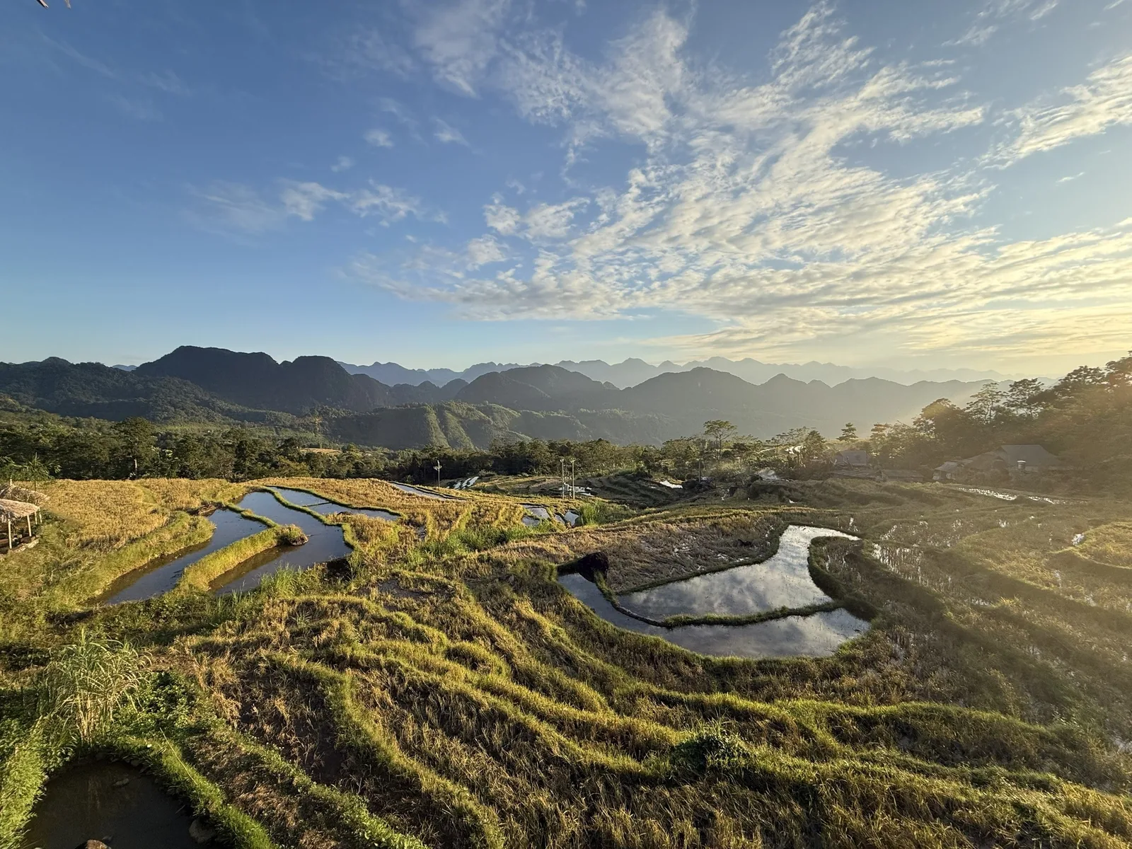 Những ruộng bậc thang ngập nước uốn lượn trên đồi Pù Luông lúc hoàng hôn với núi phía xa.
